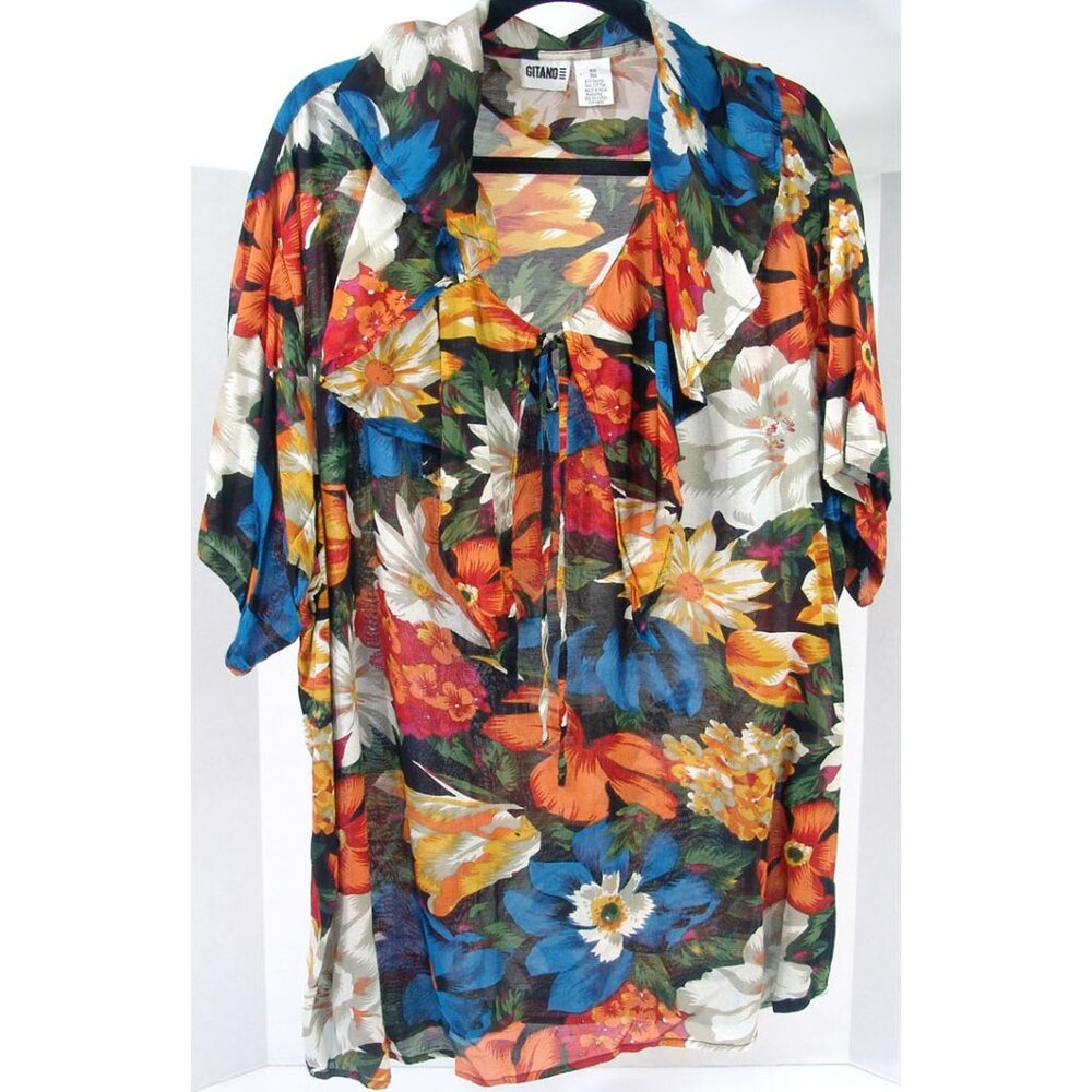 Gitano 3X Peasant Poets Blouse Floral Ruffle Boho Tropical Cotton Rayon Vtg '90s
